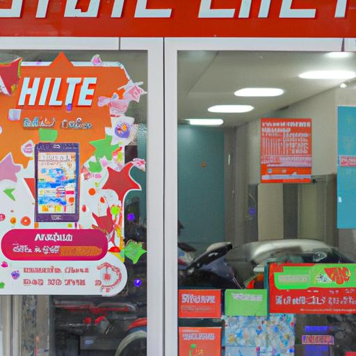 Cửa hàng Viettel với biển quảng cáo mua vé Vietlott qua SMS.