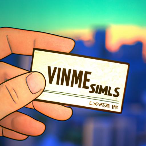 Một bức tranh nghệ thuật về một người cầm thẻ tên thương hiệu SMS Vinaphone với phong cảnh thành phố phía sau.